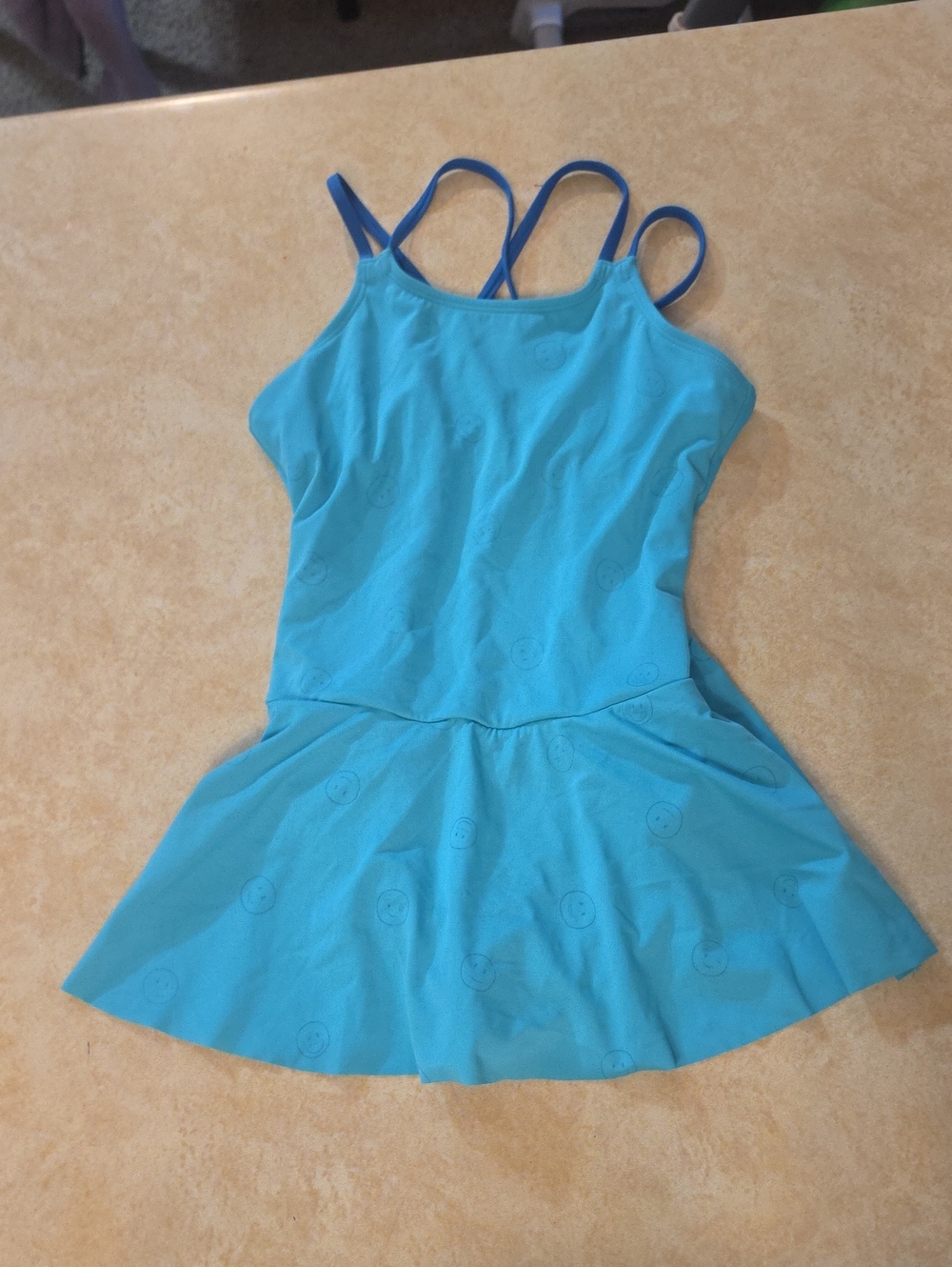 Lands' End Aqua Blue Swim Suit with Disappearing Smiley Faces